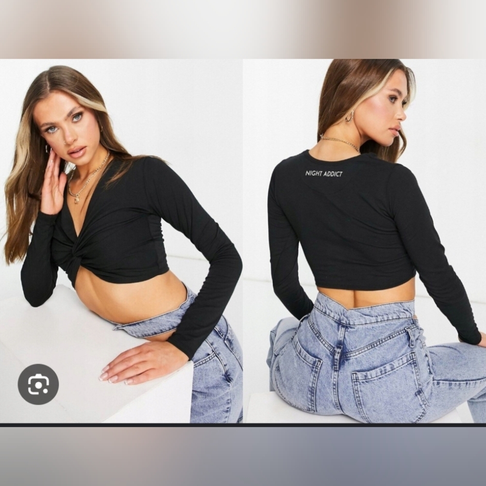 Asos Night Addict twist front long-sleeved top In Black Size M